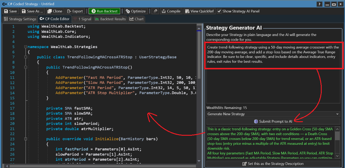 WealthLab 9 AI Strategy Generator creating a trading strategy from a plain-English prompt