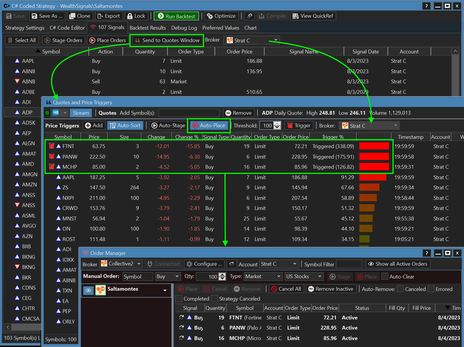 WealthLab's <a href='https://www.wealth-lab.com/Support/ApiReference/Strategy'>Strategy</a> Window can place Signals from a backtest with C2 at any moment