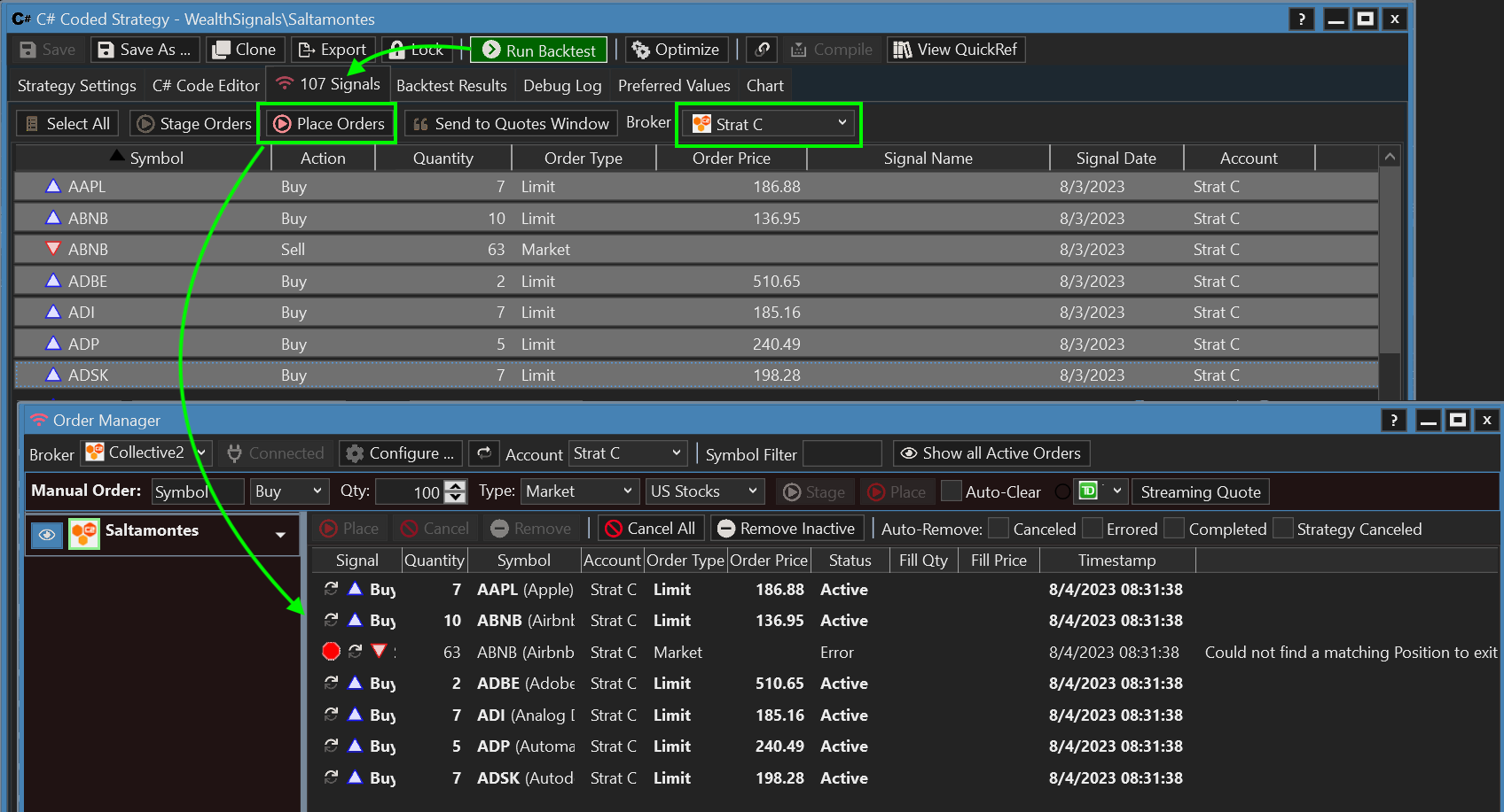 WealthLab's <a href='https://www.wealth-lab.com/Support/ApiReference/Strategy'>Strategy</a> Window can place Signals from a backtest with C2 at any moment