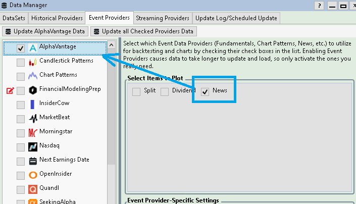 Enable AlphaVantage event provider and the News item